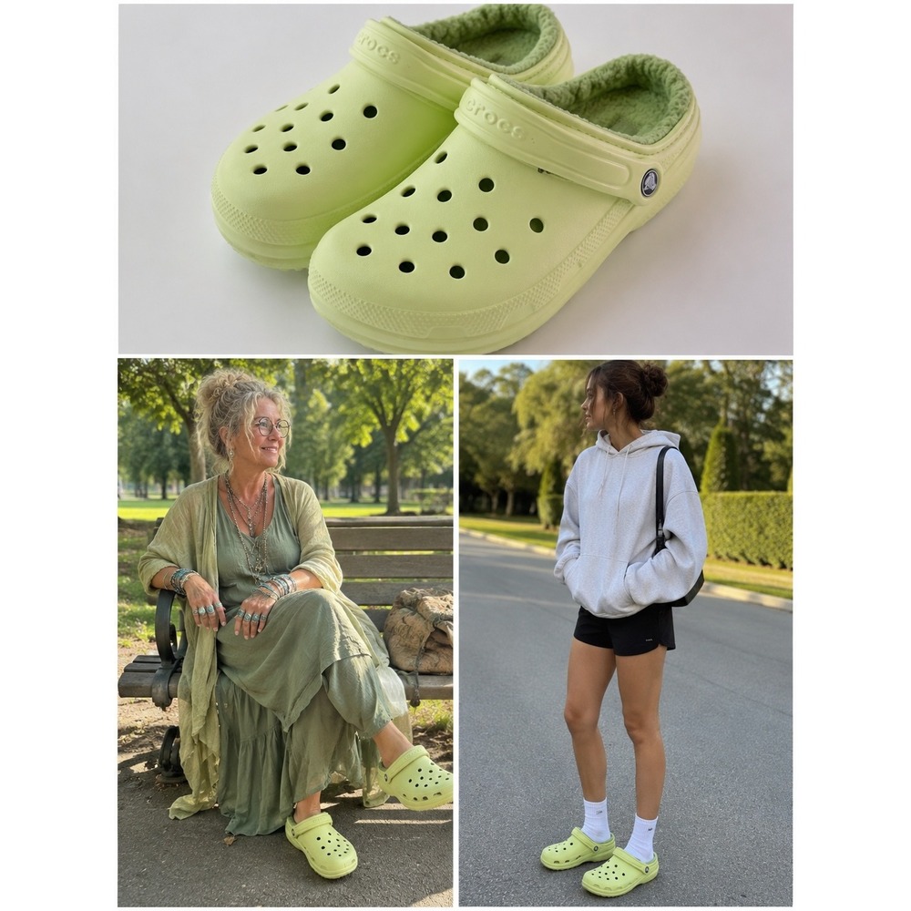 Crocs Classic Lined Clogs Lime Green Fuzzy Fleece Women 7 Men 5 Slip On Shoes